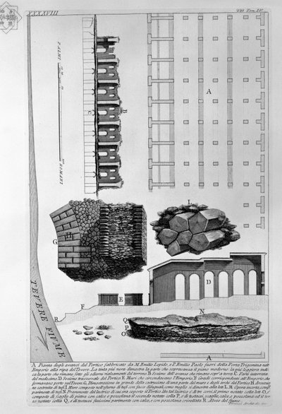 Darstellung der Überreste des Portikus, erbaut von M. Emilio Lepido und P. Emilio Paolo außerhalb des Porta Trigemina im Emporium am Ufer des Tiber von Giovanni Battista Piranesi